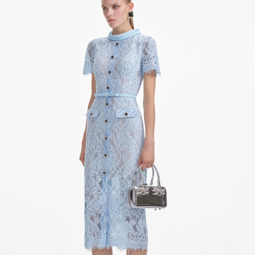 Self-Portrait Light Blue Lace Midi Dress - Picture 2 of 8